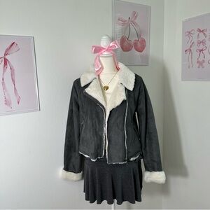 GB‎ Gray Suede White Fur Trim Zip Penny Lane Crop Jacket Womens Size Small